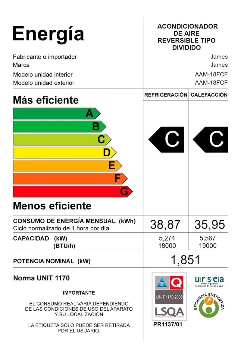 Aire Acondicionado James AAM-18 FCFN 18000 Btu Clase C