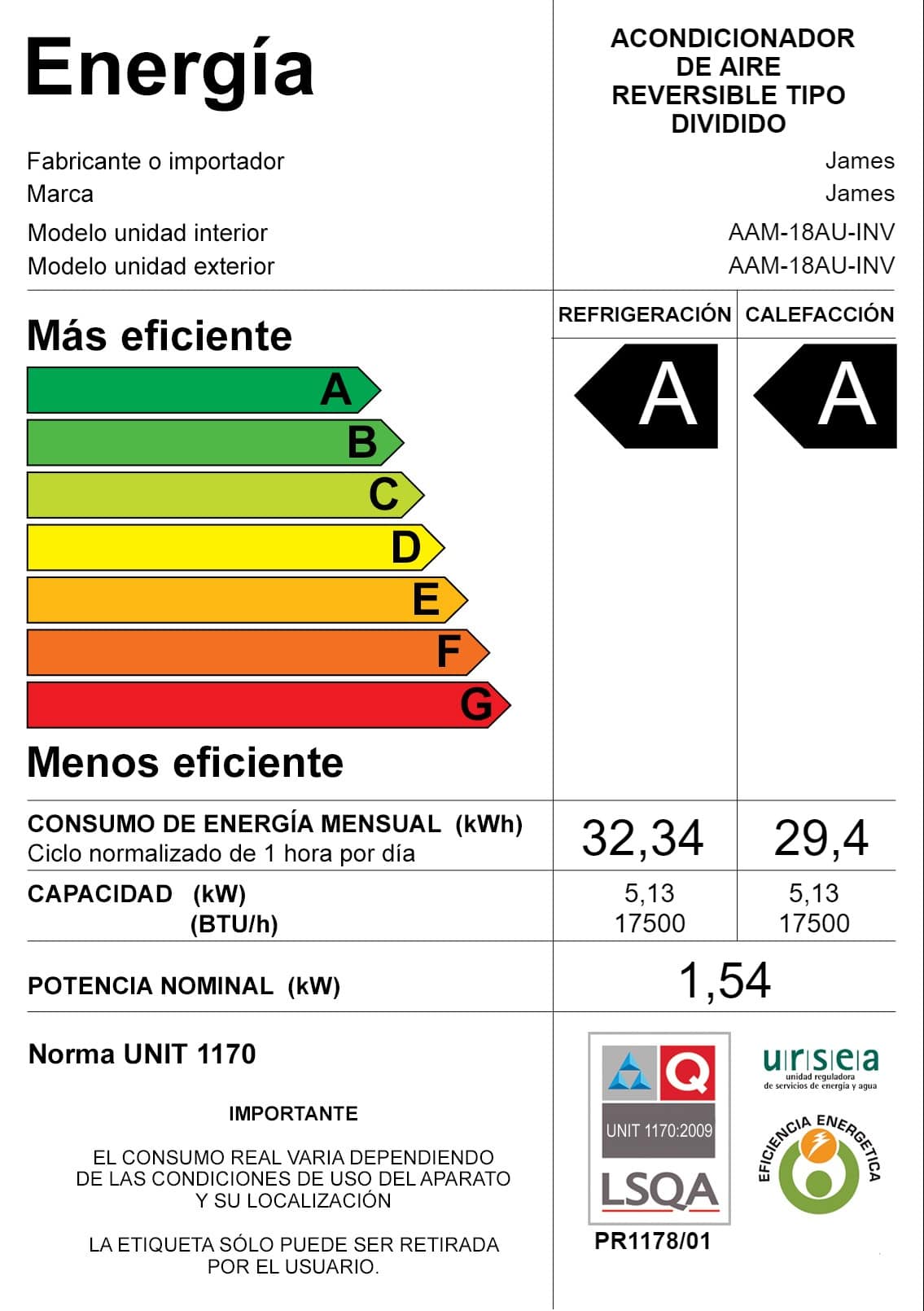 Aire acondicionado James Inverter 24000 BTU AAM-24 AU-INV