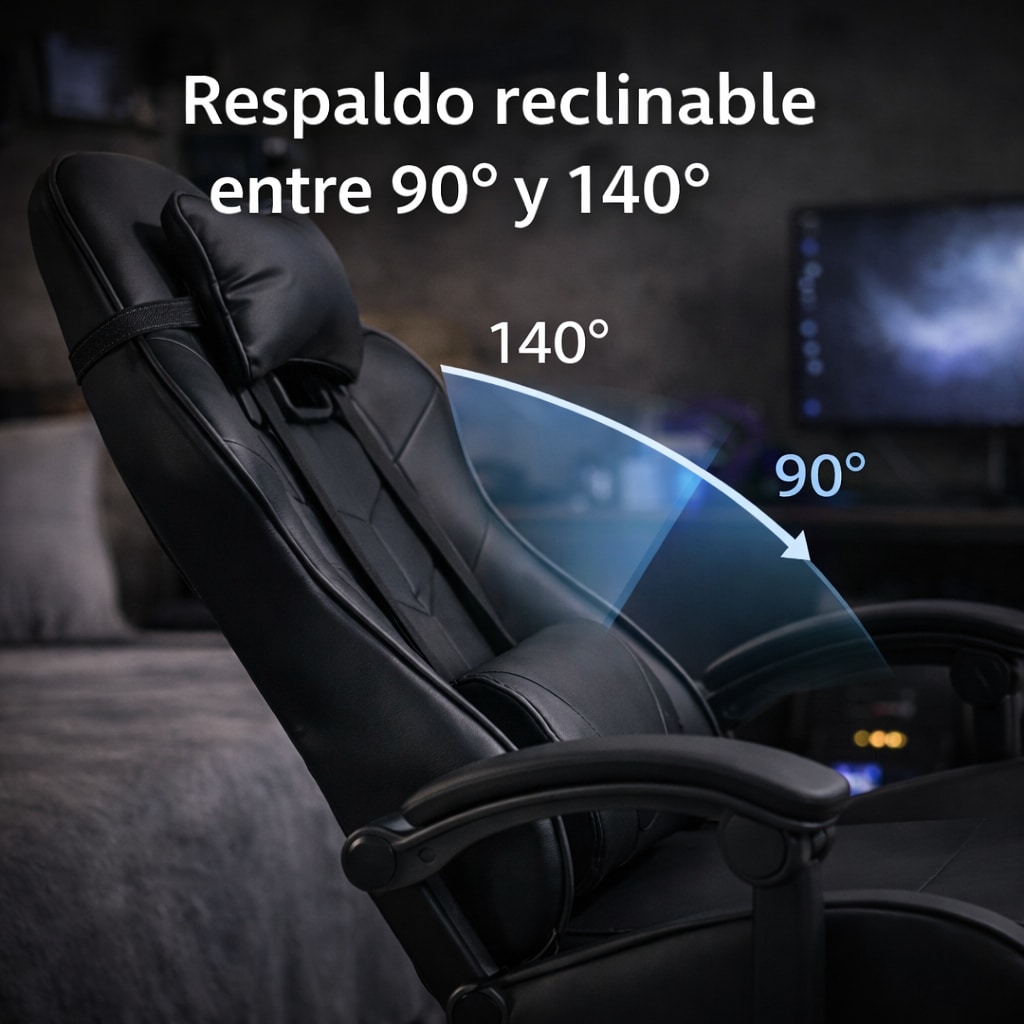 Silla Gamer Ergonómica Cuero Sintético Masaje Lumbar Negra