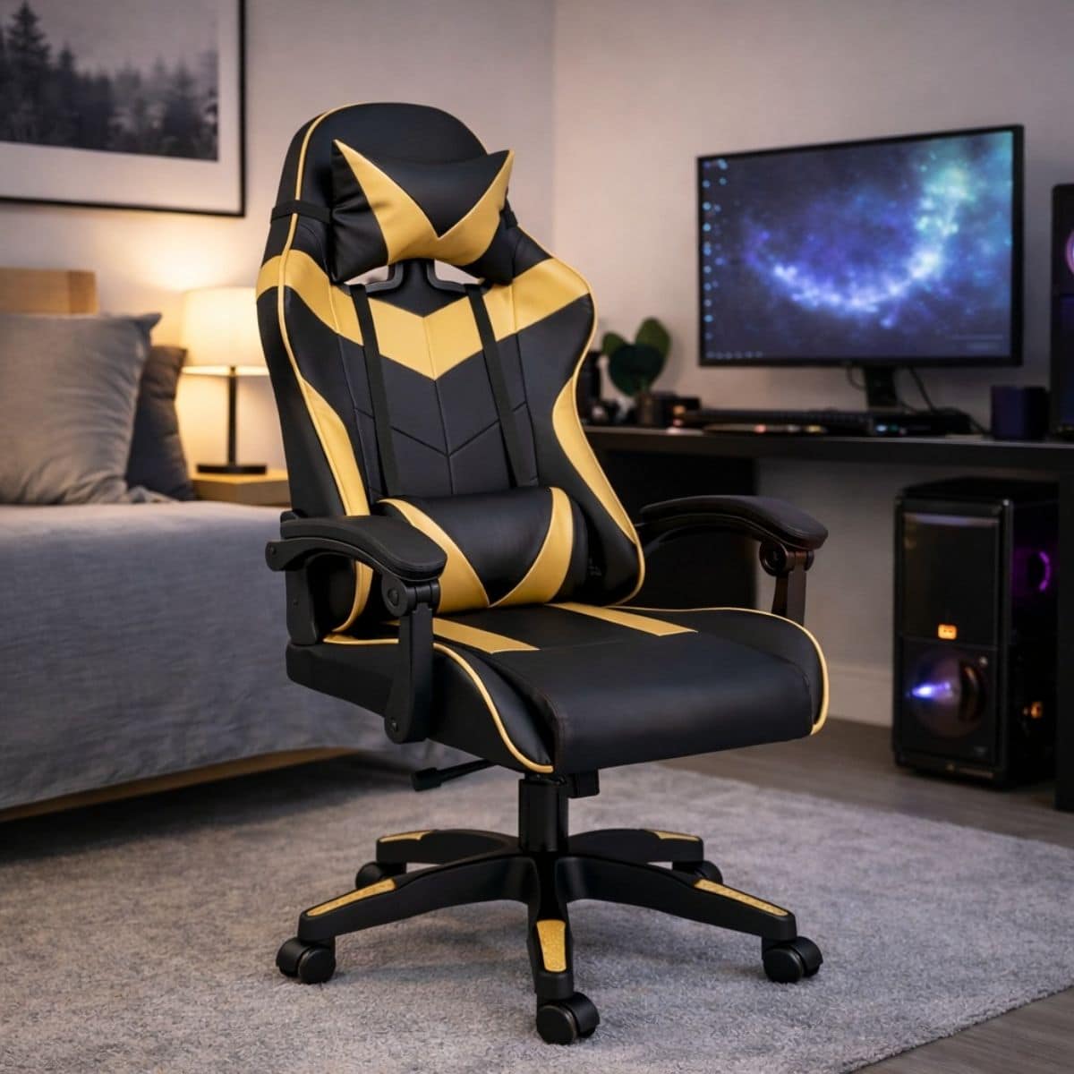 Copia - Silla Gamer Ergonómica Cuero Sintético Masaje Lumbar Negra